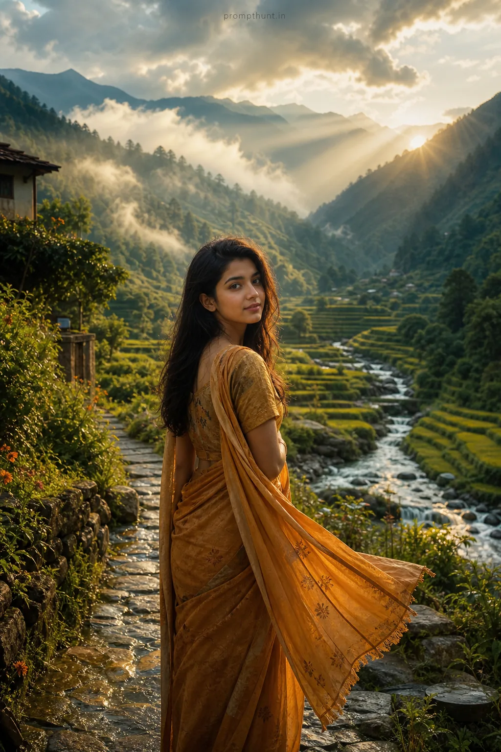 Monsoon Himalayan Valley Sunset Landscape AI Photo Editing Prompt