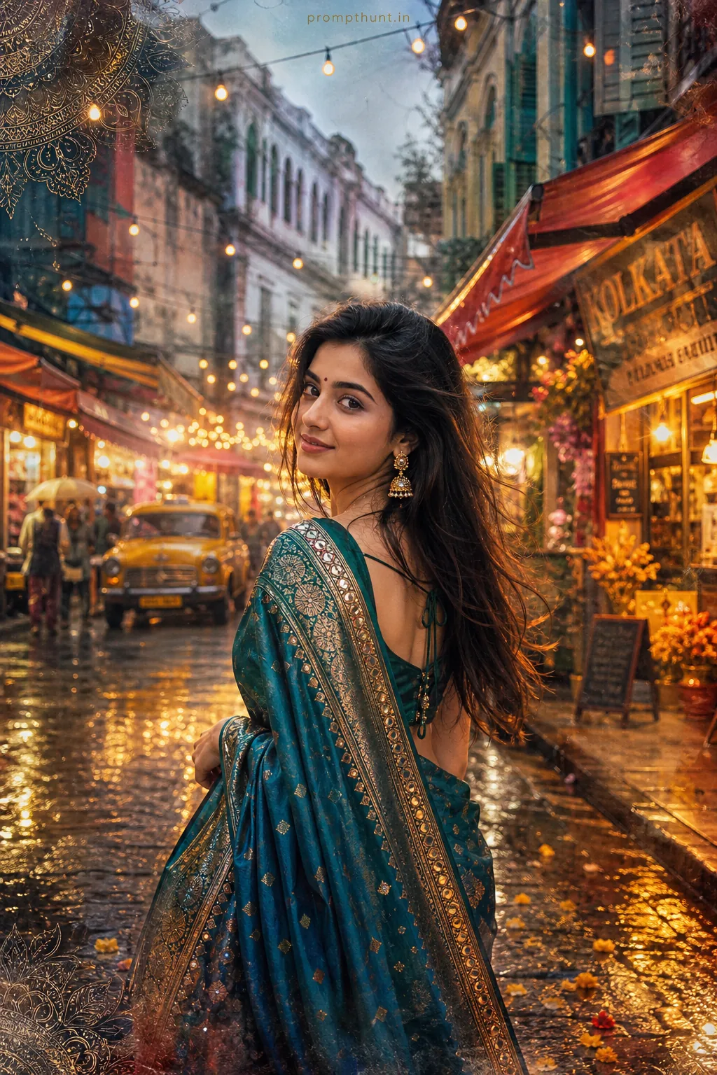 Monsoon Kolkata Street Saree Cinematic AI Photo Editing Prompt