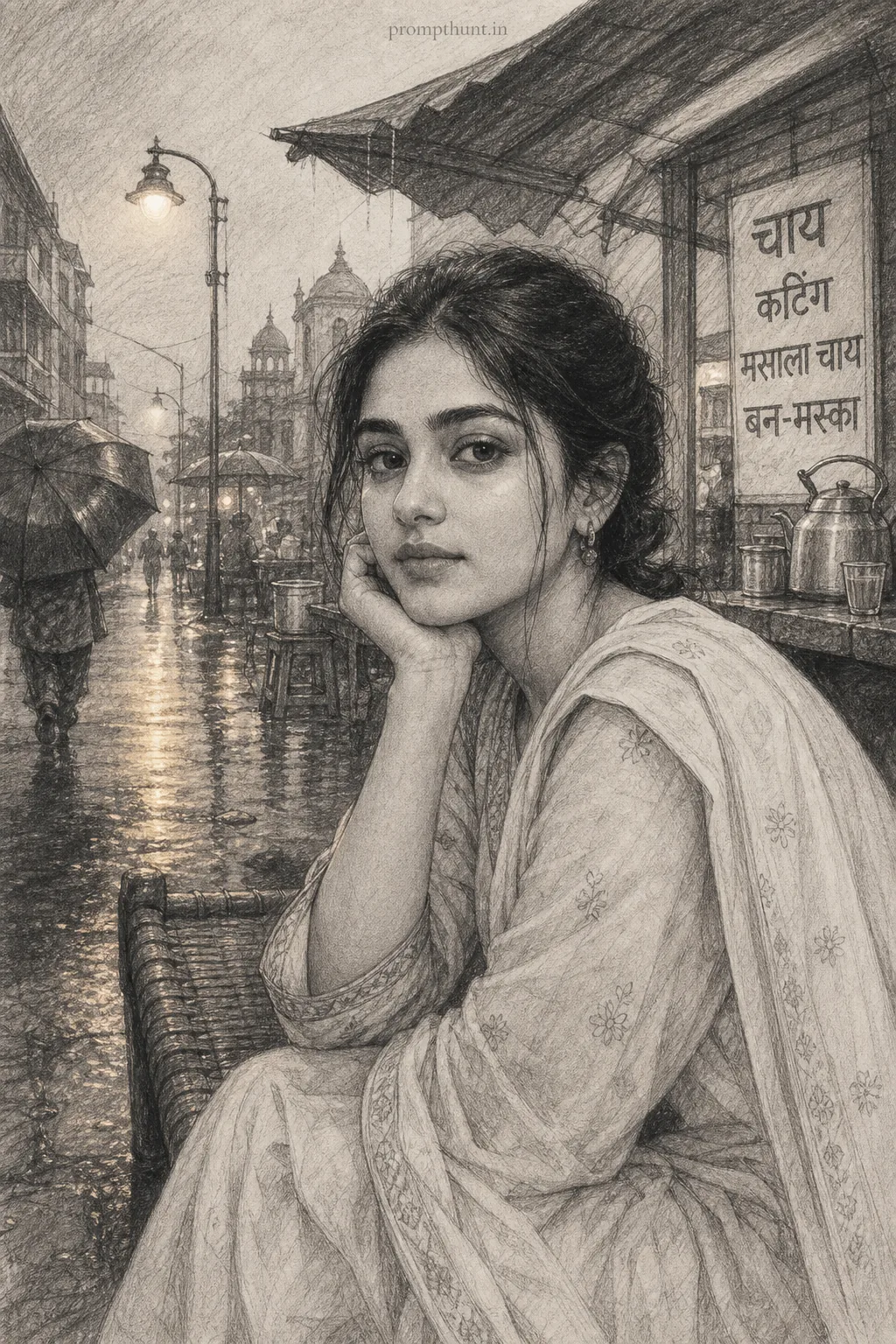 Monsoon Street Cafe Portrait Pencil Sketch AI Photo Editing Prompt