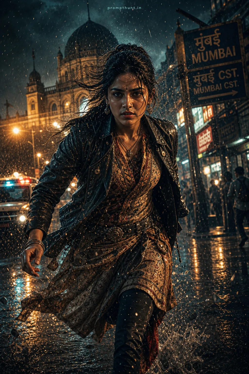 Mumbai Monsoon Action Hero Cinematic Street Chase AI Photo Editing Prompt
