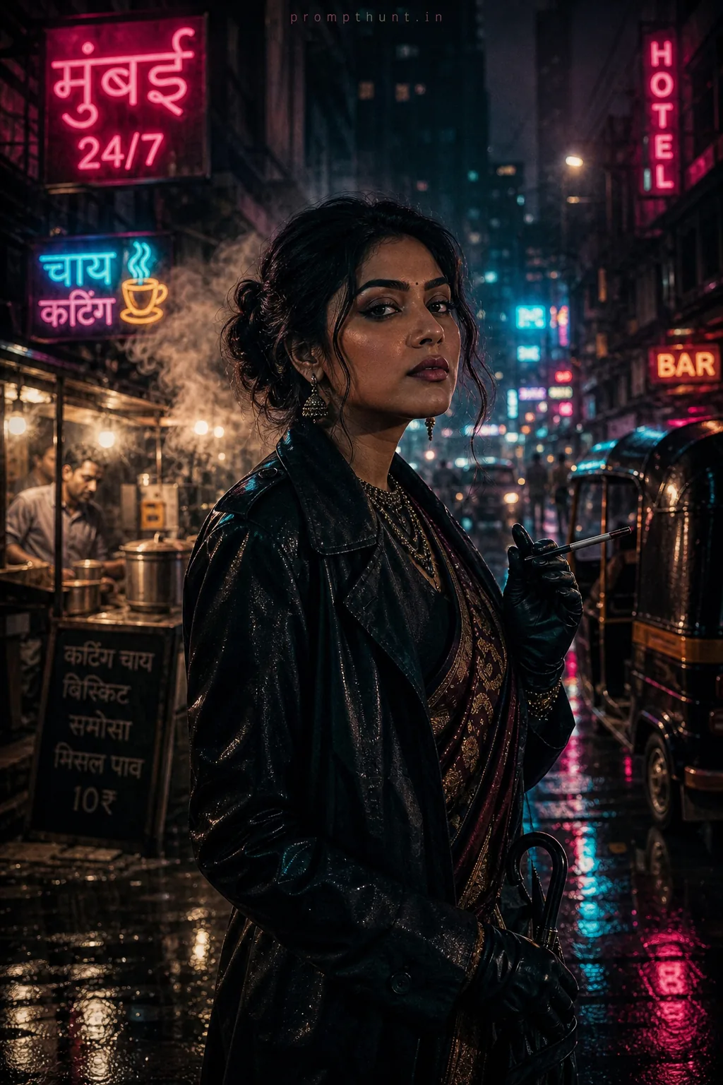 Mumbai Neon Noir Street Style AI Photo Editing Prompt