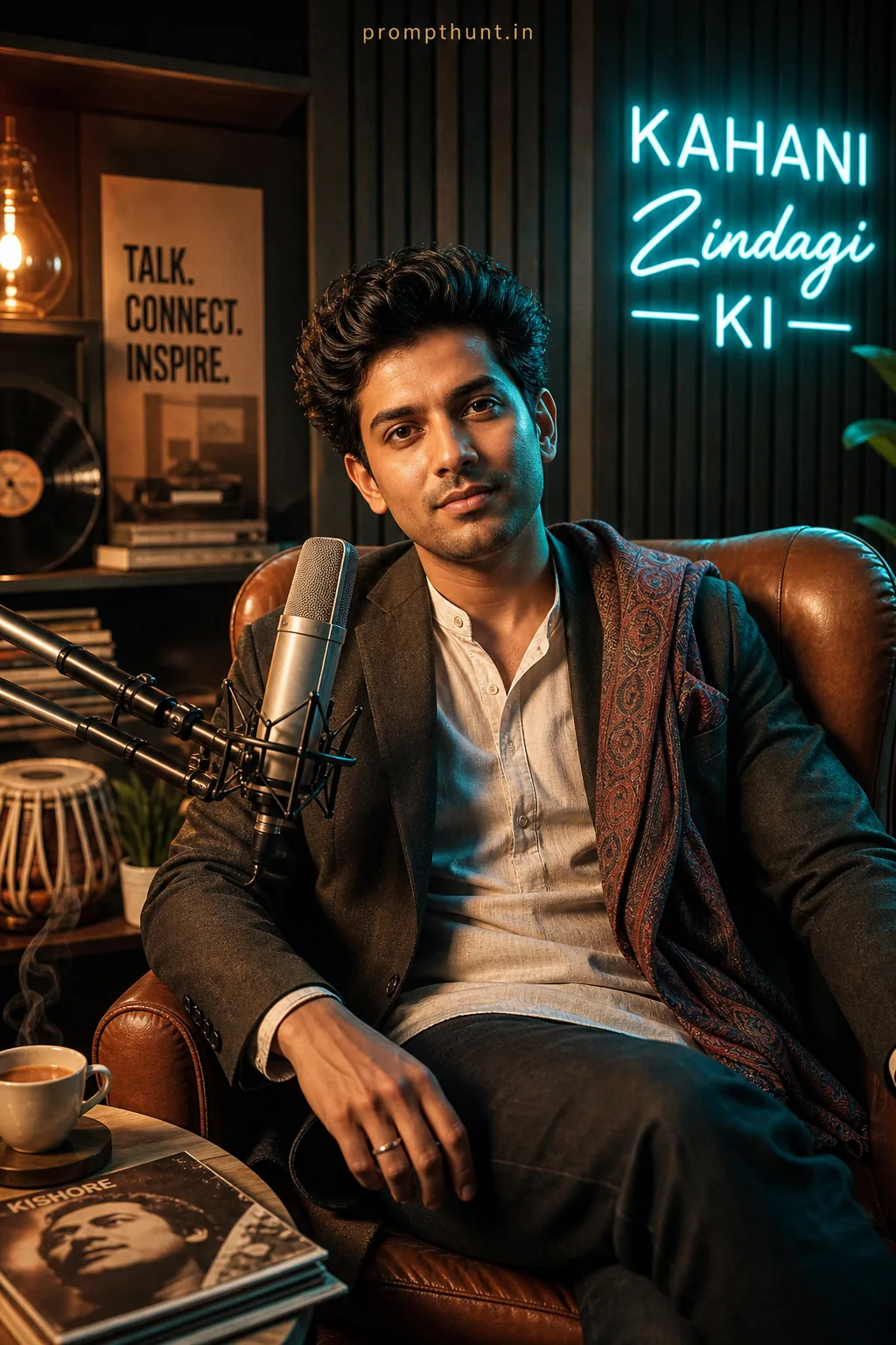 Mumbai Podcast Studio Retro Neon Lights AI Photo Editing Prompt
