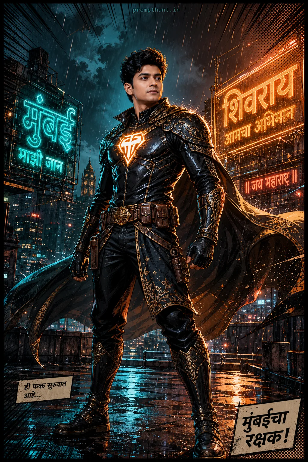 Mumbai Superhero Comic Book Nightscape AI Photo Editing Prompt
