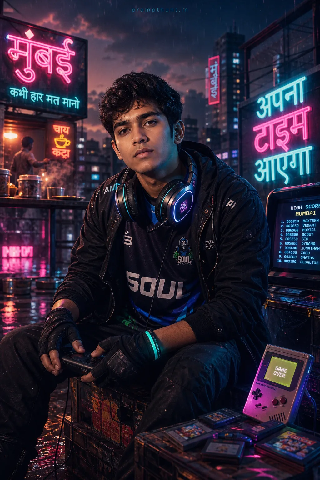 Neon Cyber Arcade Night Indian Gaming AI Photo Editing Prompt