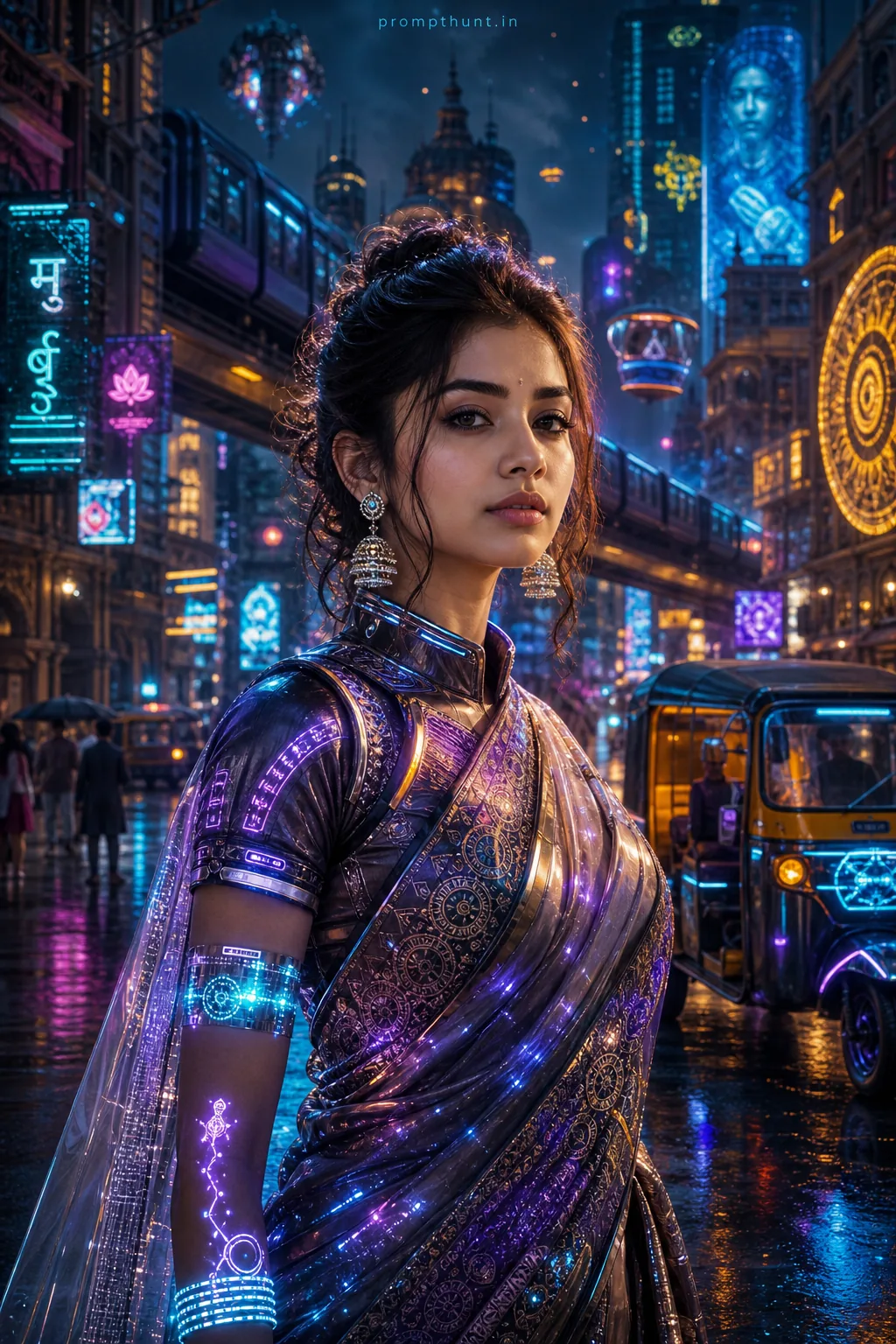 Neon Cyber-Urban Futurism Indian AI Photo Editing Prompt