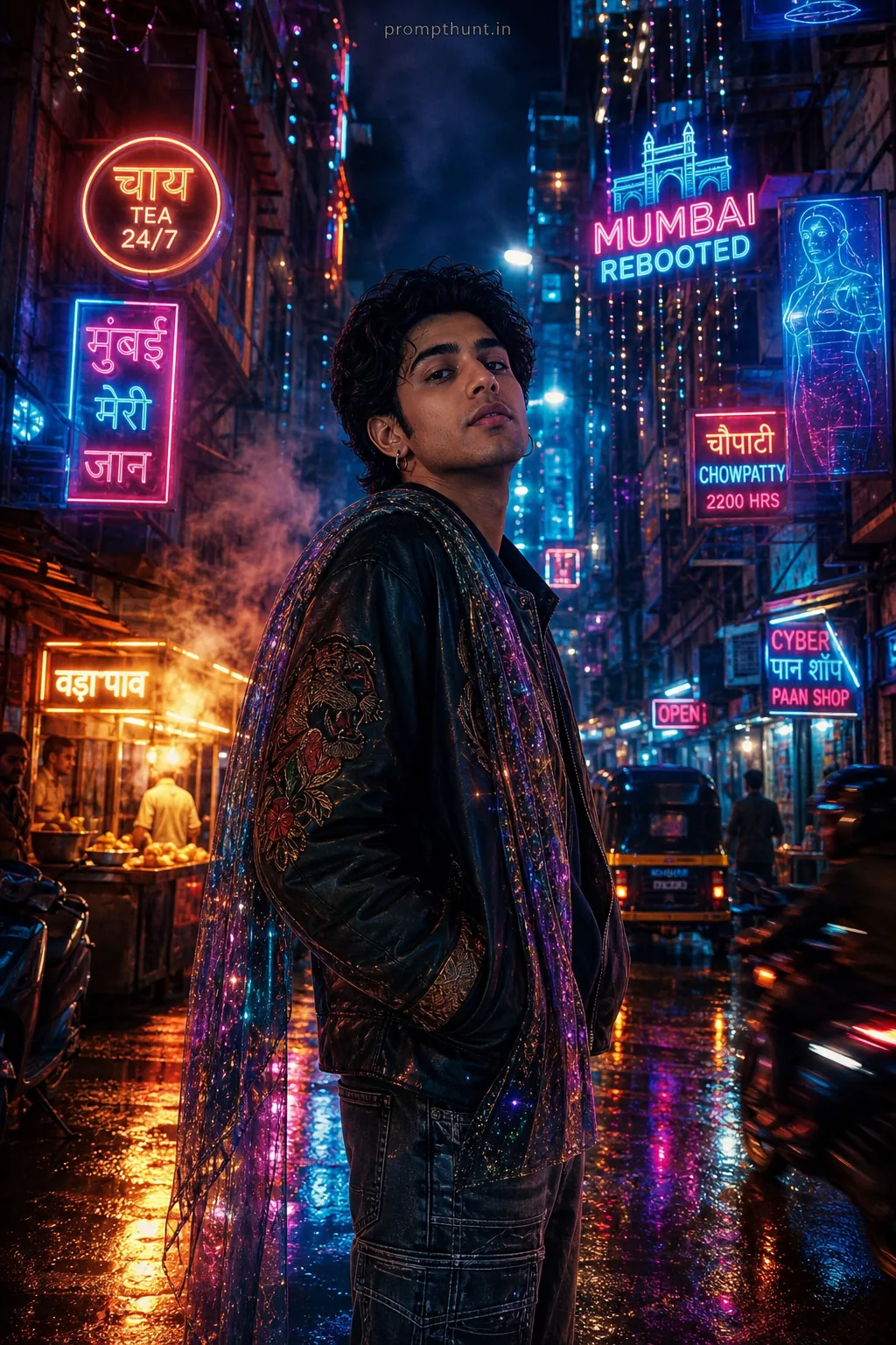 Neon Mumbai Cyber Alley AI Photo Editing Prompt