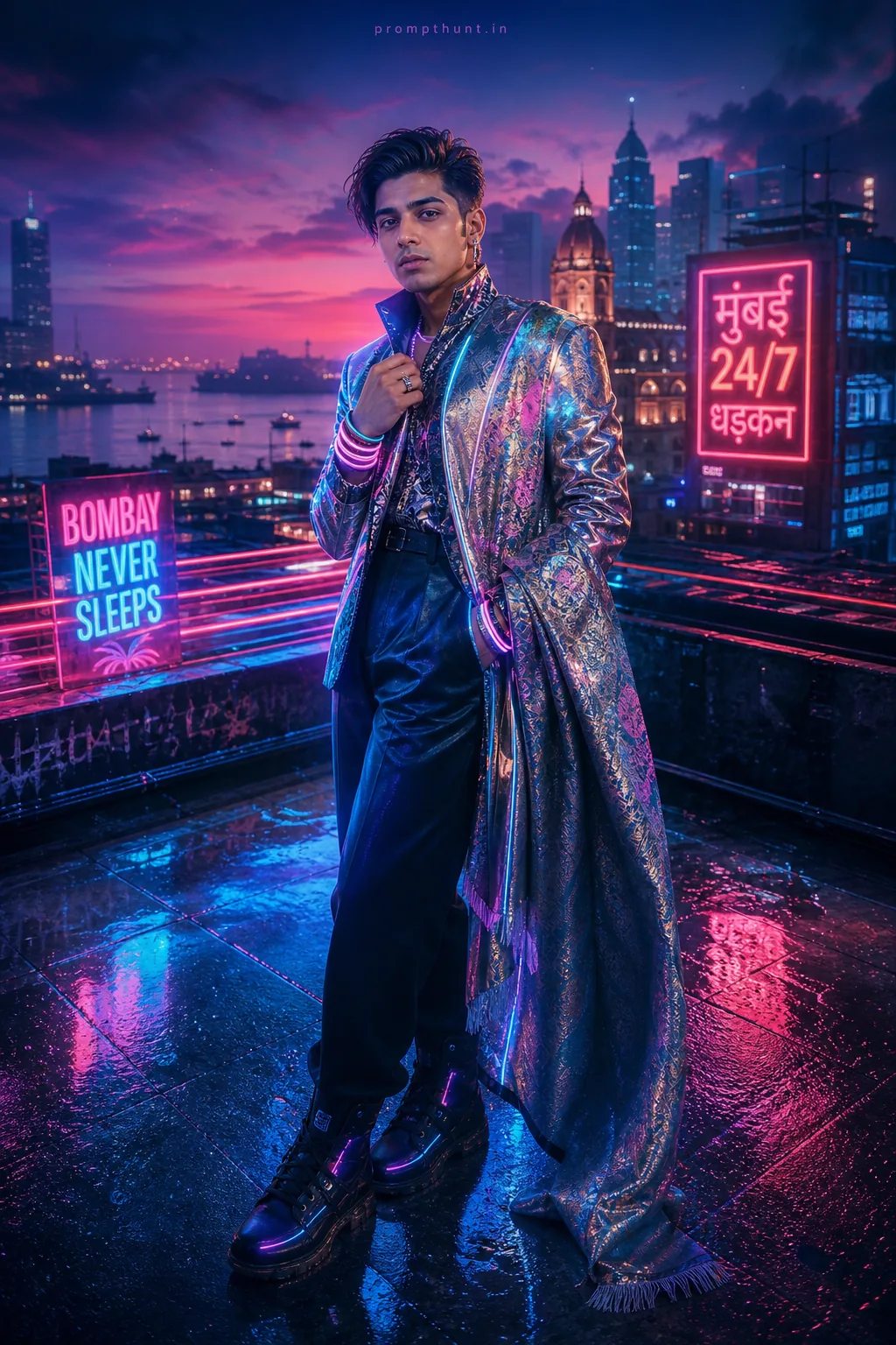 Neon Mumbai Synthwave Fashion AI Photo Editing Prompt