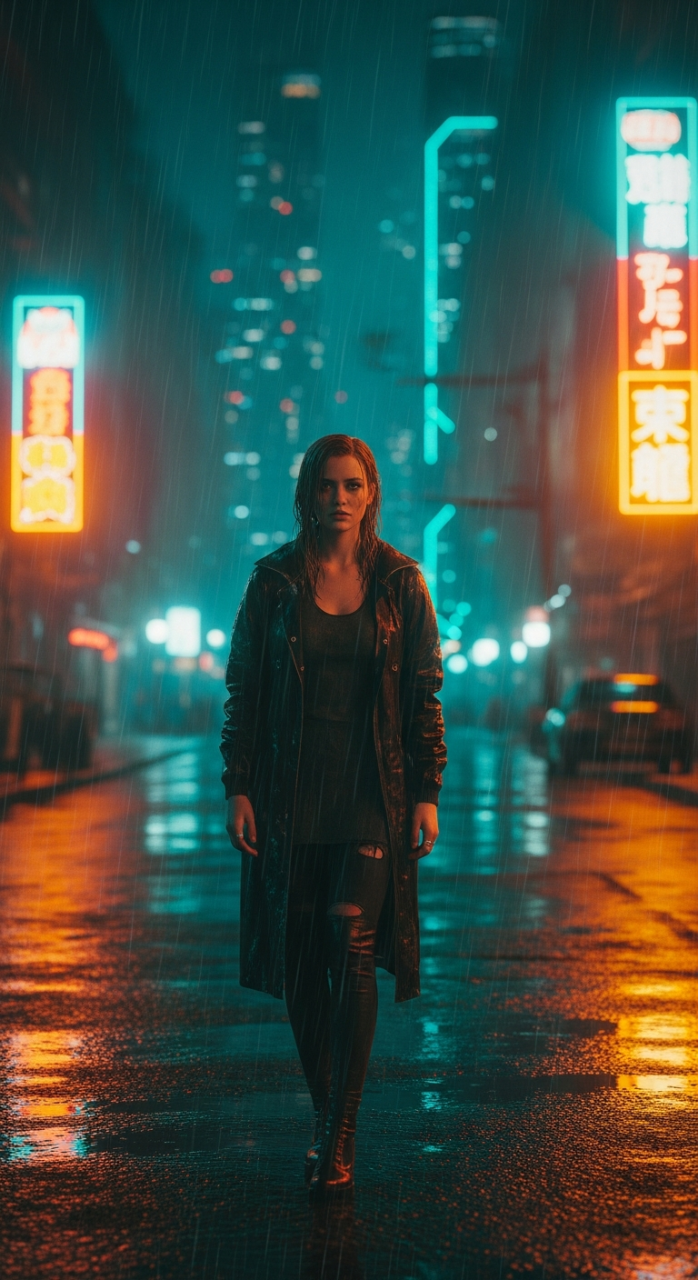 Neon Rain Gaze: Future Noir Portrait
