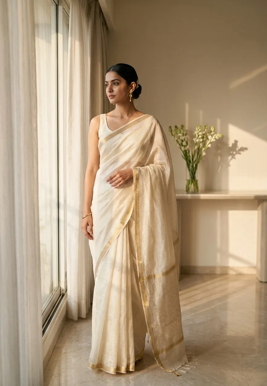 Quiet Luxury Saree Editorial Look Gemini AI Photo Editing Prompt