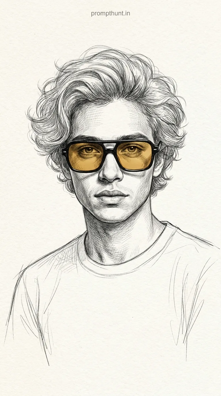 Realistic Pencil Sketch with Yellow Tinted Glasses AI Photo Editing Prompt
