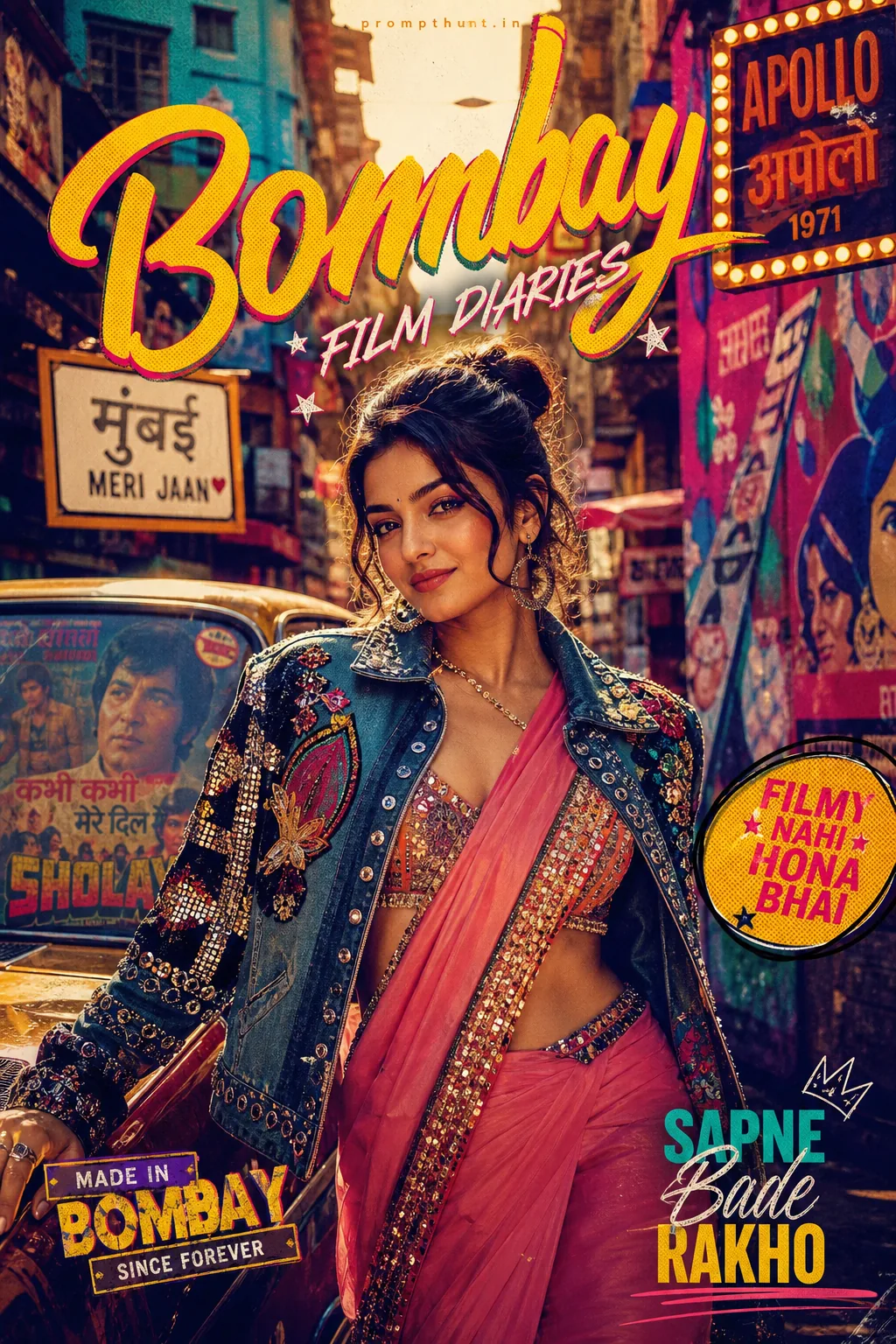 Retro Bollywood Pop Culture Neon AI Photo Editing Prompt