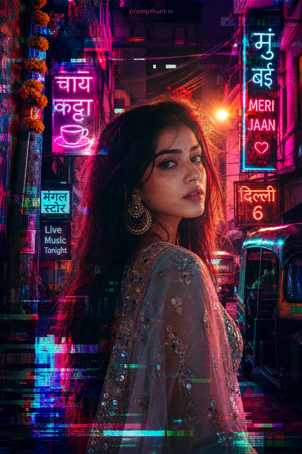 Retro Cyber Glitch Streetscape AI Photo Editing Prompt