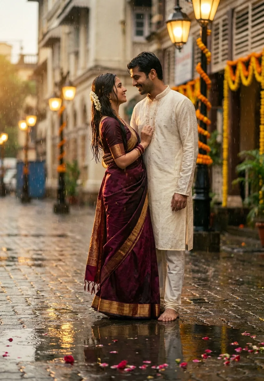 Romantic Bollywood Monsoon Couple Cinematic AI Photo Editing Prompt
