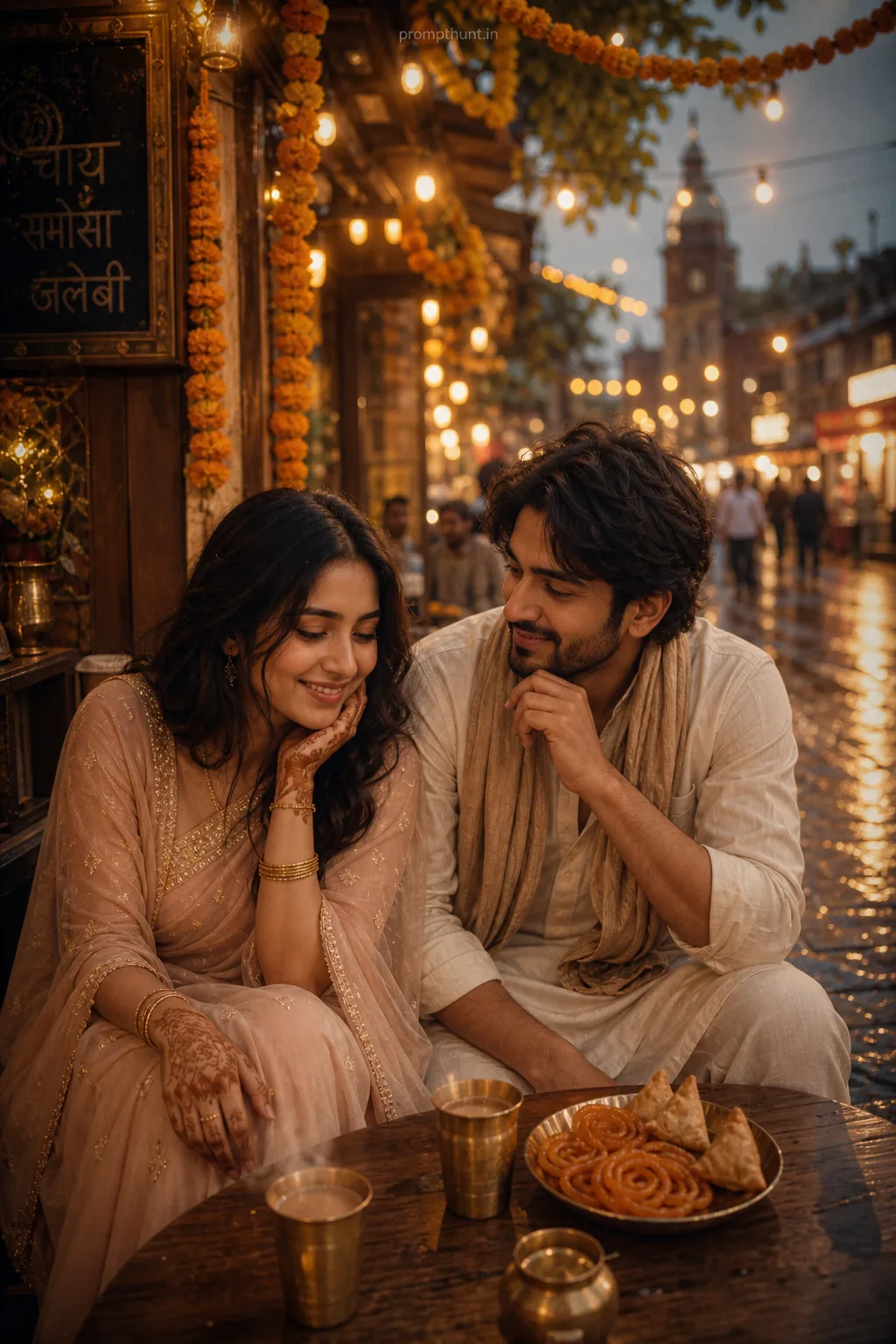 Romantic Indian Street Cafe Evening AI Photo Editing Prompt