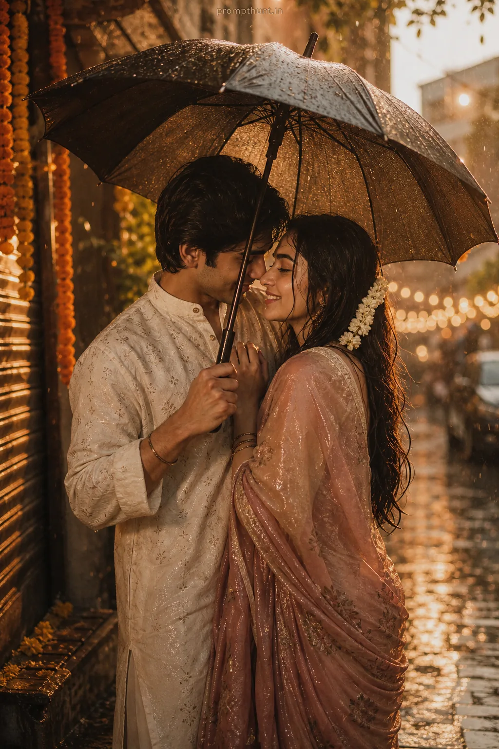 Romantic Monsoon Couple Portrait AI Photo Editing Prompt