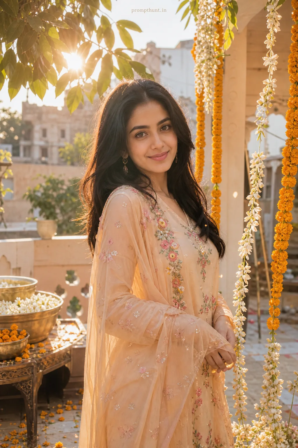 Sunlit Monsoon Blossoms and Saree Drapes AI Photo Editing Prompt