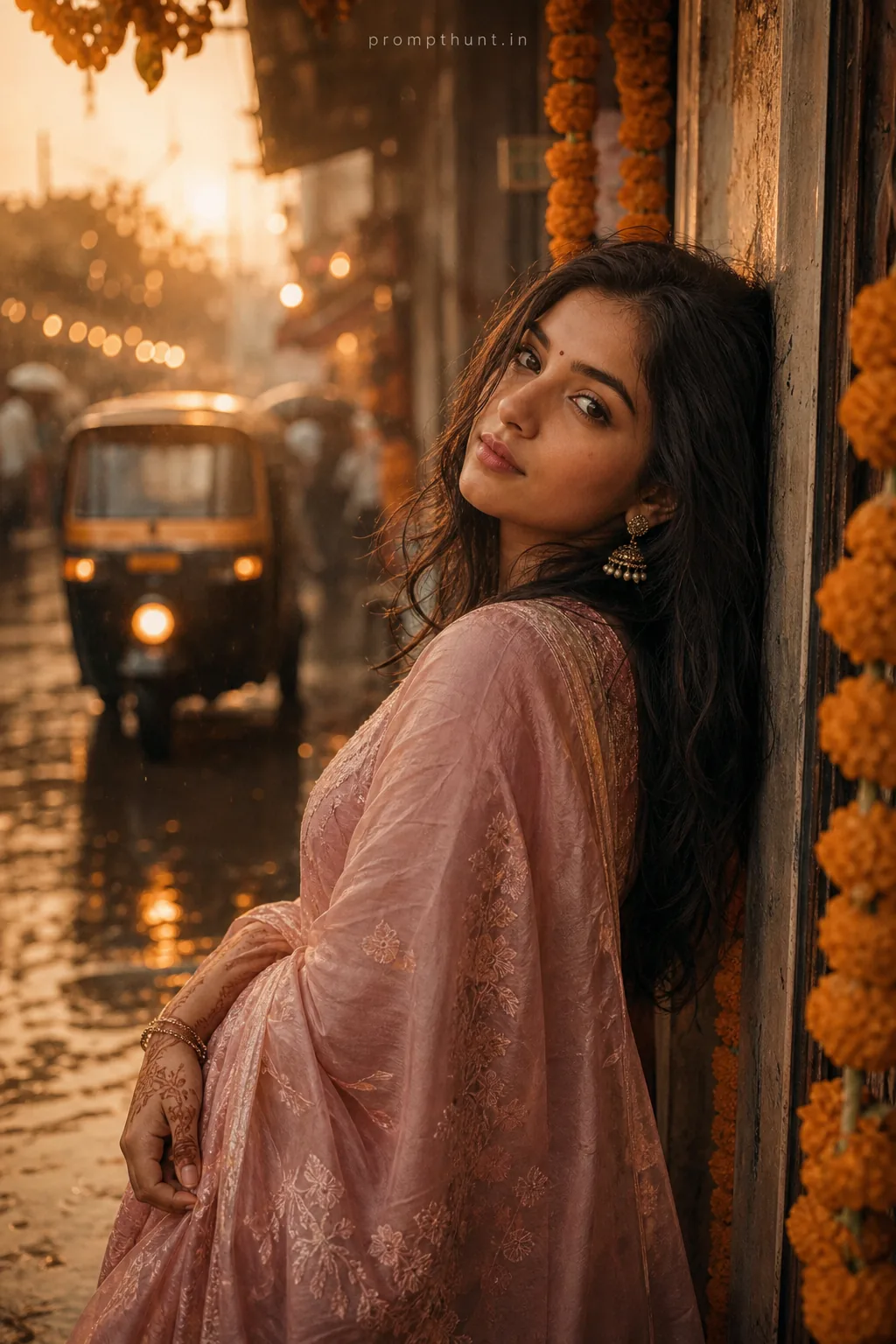 Sunset Monsoon Romance Streetcorner Couple AI Photo Editing Prompt