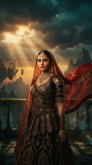 AI-edited photo of a person in a Bollywood royalty meets epic fantasy world scene with intricate gold and deep crimson embroidery plus silk dupatta fl