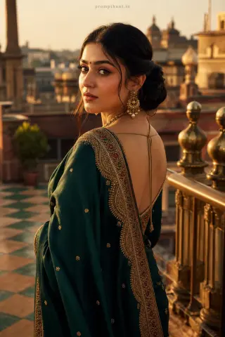 Thumbnail: Example result of the contemporary Indian editorial portraiture prompt: breezy silk sari or tailored bandhgalah coat