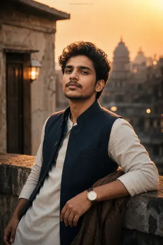 Example result of the contemporary Indian male portraits urban chic AI photo prompt showing a man