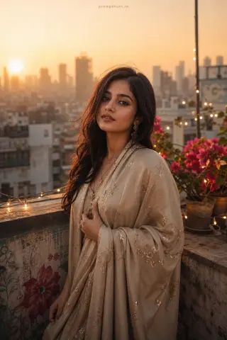 Example result of the contemporary Indian rooftop portrait AI photo prompt