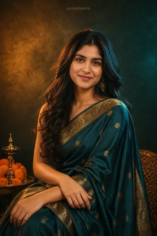 AI-edited photo of a person in a contemporary studio fashion lighting scene with wardrobe options in opulent Indian fabrics