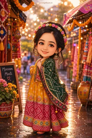 Thumbnail: Example result of the cute chibi kawaii portraits prompt: marigold garlands and string lights