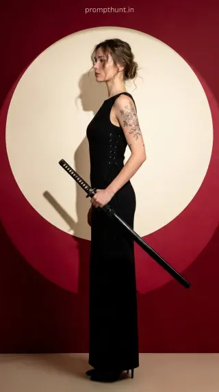 AI-edited photo of a man in a dark samurai elegance scene with corset-style lace detailing along the side and background is a deep