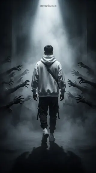 AI-edited photo of a person in a dark supernatural horror walk scene with fog-filled corridor or path and white sneakers