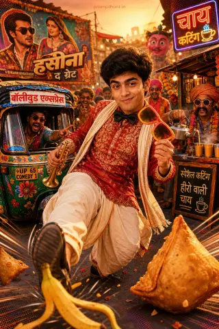 Thumbnail: AI-edited photo of a person in a desi street comedy carnival scene with crowded lane and chai stall