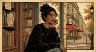 AI-edited photo of a woman in a dreamy Parisian bookshop girl scene with fine ink linework and aged paper texture plus through the window