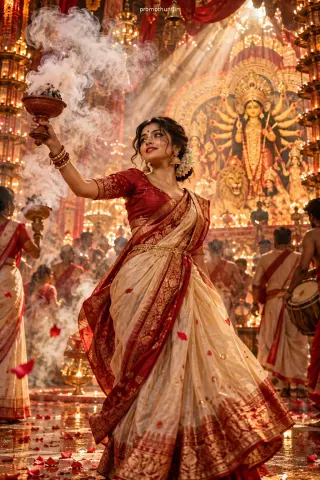 Durga Puja AI Photo Prompt for Girls – Dhunuchi Dance Pandal Look — AI photo editing prompt