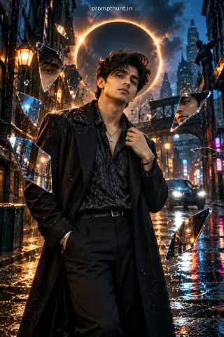 Eclipse Mirror AI Photo Prompt for Boys – Neon Rain Look — AI photo editing prompt