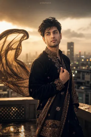 Example result of the editorial portraiture: Indian urban luxe AI photo prompt