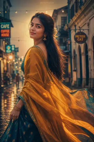 Elegant Indian street saree portrait AI edit: a woman with colonial-era buildings and string lights plus lightweight dupatta caught mid-movement