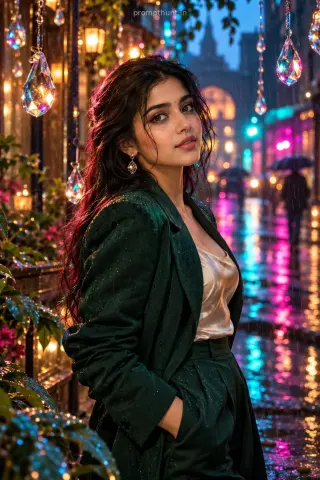 Emerald Blazer AI Photo Prompt for Girls – Neon Crystal Rain — AI photo editing prompt