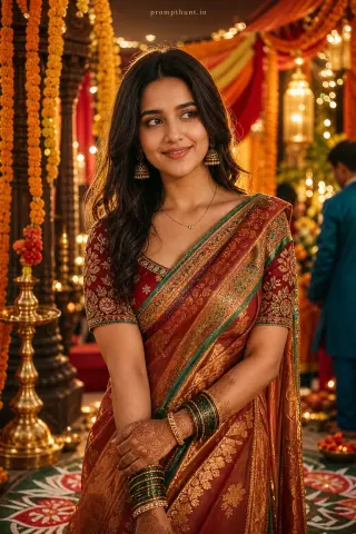 AI-edited photo of a person in a festive Indian wedding event scene with deep red and royal blue