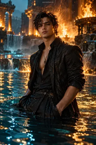 Fire and Water AI Photo Prompt for Boys – Burning Ruins Look — AI photo editing prompt