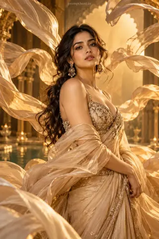Floating Silk AI Photo Prompt for Girls – Golden Palace Look — AI photo editing prompt