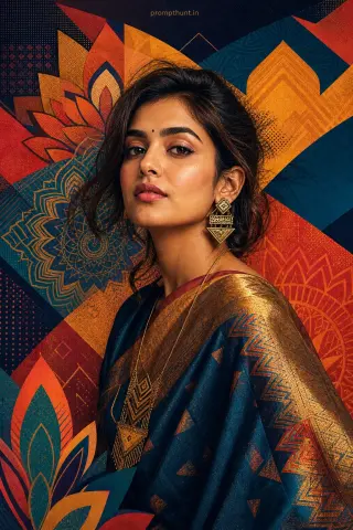Thumbnail: Example result of the geometric Indian vogue portrait prompt: rich palette of deep marigold plus vermilion and teal