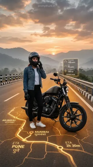 Glowing AR Map Motorcycle Road Trip AI Photo Editing Prompt — AI photo editing prompt