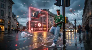 AI-edited photo of a person in a glowing music player street photography surrealism scene with vintage green sports jersey and gold chain necklace