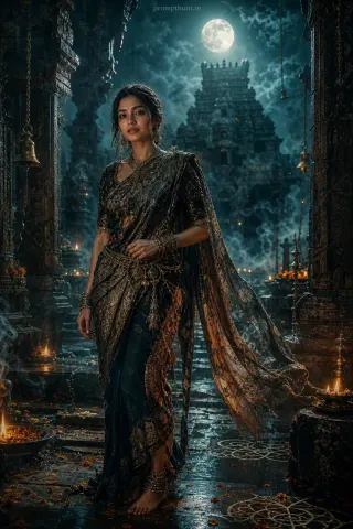 Gothic Indian nightscape dark fantasy AI edit: oxidized silver temple jewelry and wet flagstones reflecting light