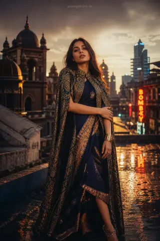 High-fashion editorial Mumbai glamour streets AI edit: cool blue rim lights and structured silk saree or sculptural lehenga