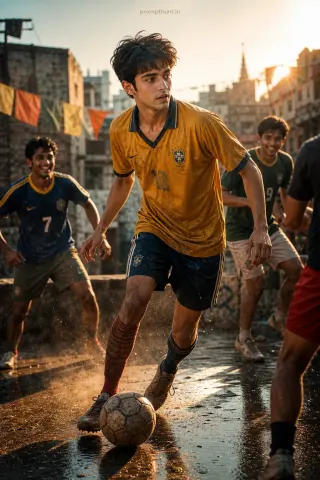 High-octane street football India AI edit: dingy brick walls plus slightly worn jerseys and shorts in saffron