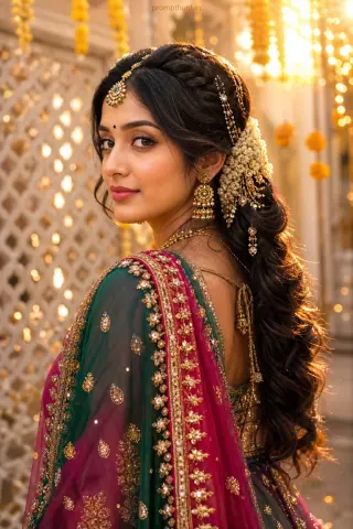 Indian bridal hairstyles editorial AI edit: carved marble jaali screens and fresh jasmine gajra