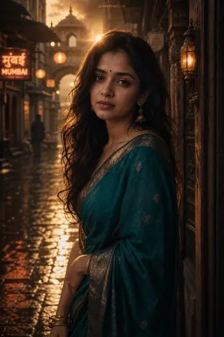 Example result of the Indian cinematic portraiture golden hour studio prompt: creamy bokeh