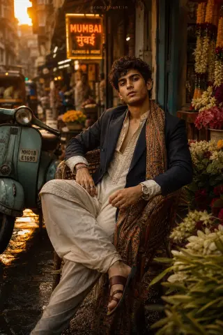 Thumbnail: AI-edited photo of a person in a Indian editorial street style vibes scene with rain-damp pavement reflecting neon shop signs and textured cotton kurt