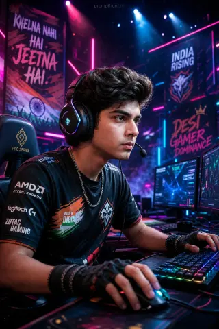 AI-edited photo of a person in a Indian esports arena neon gaming scene with dynamic rim lights and volumetric smoke plus cluttered desk
