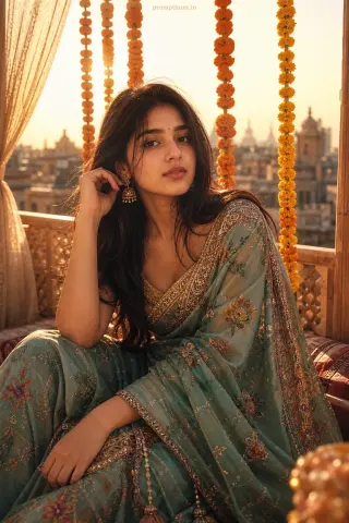 Example result of the Indian ethereal saree editorial prompt: warm saffron and teal color palette